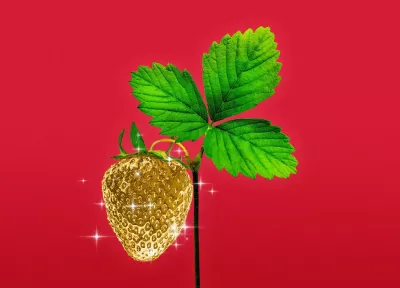 Golden strawberry hanging from a stem with a leaf attached