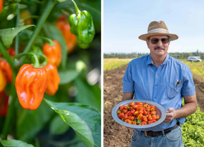 The new mild habaneros plant (left) and James Myers with the final yield (right). Image credits: Shawn Linehan